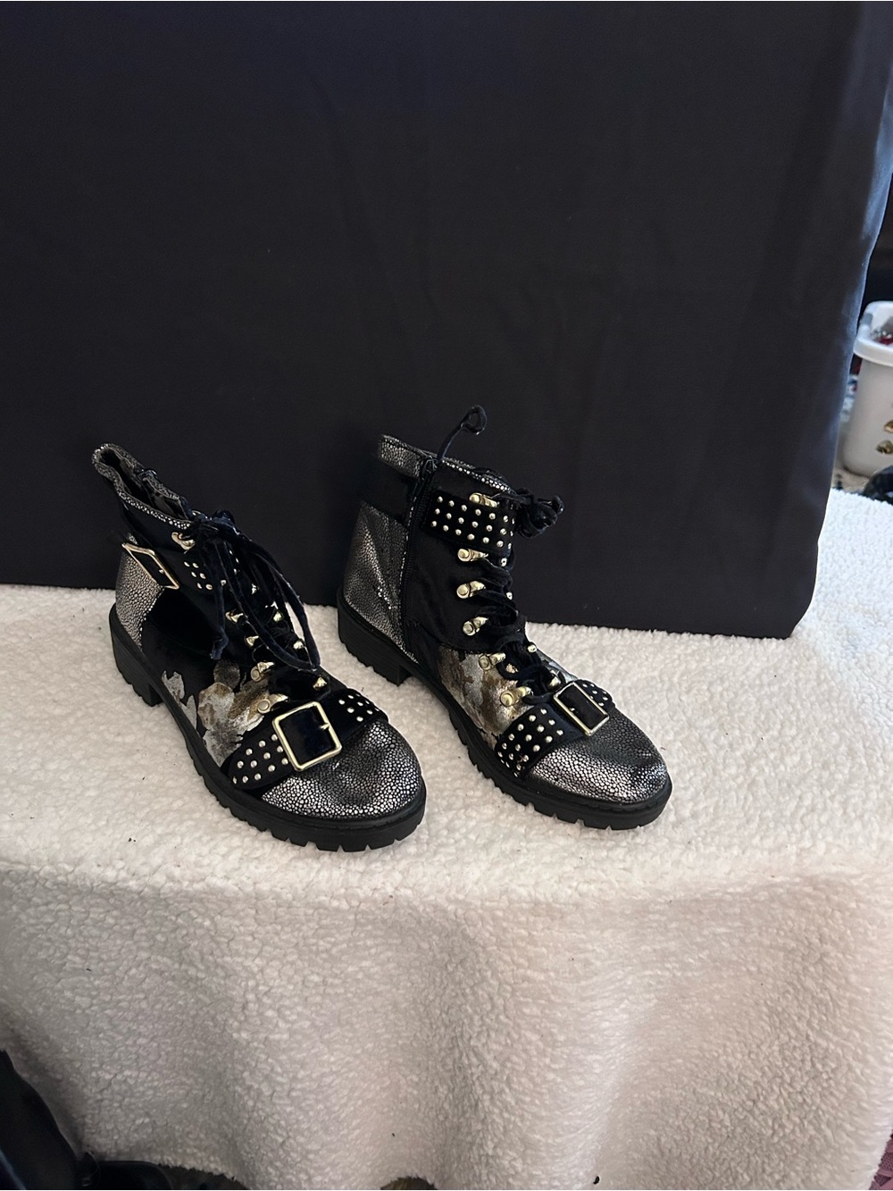 Studded Black Leather Lace-Up Ankle Boots